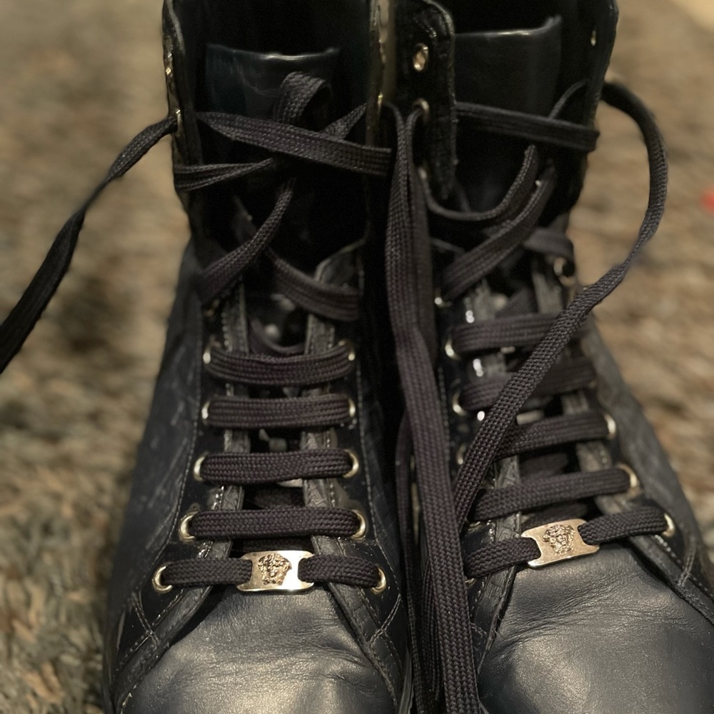 Navy high top Versace sneaker boots